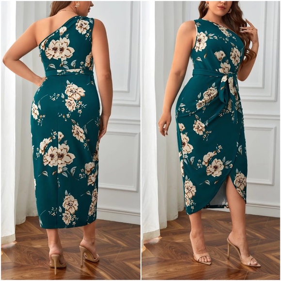 Plus Luxe Floral Print One Shoulder Belted Evening Party Dress - Picture 4 of 6